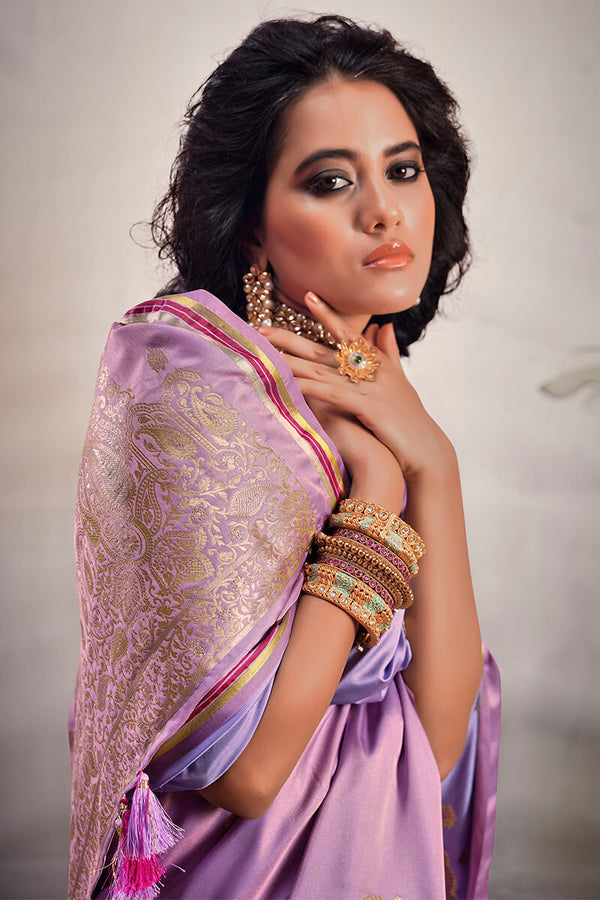 Light Lavender Banarasi Satin Silk Saree