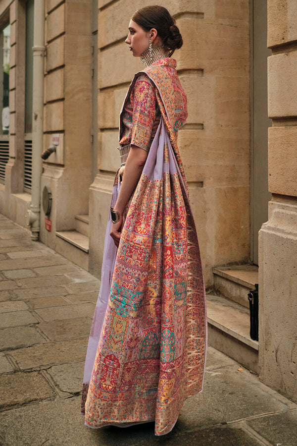 Light Lavender Kashmiri Weaving Pashmina Silk Saree