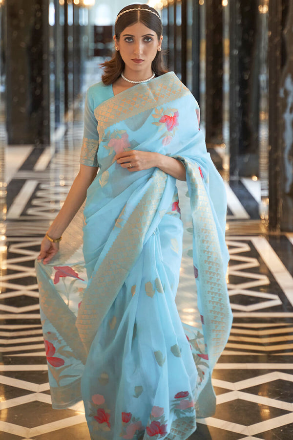 Light Sky Blue Zari Woven Linen Silk Saree