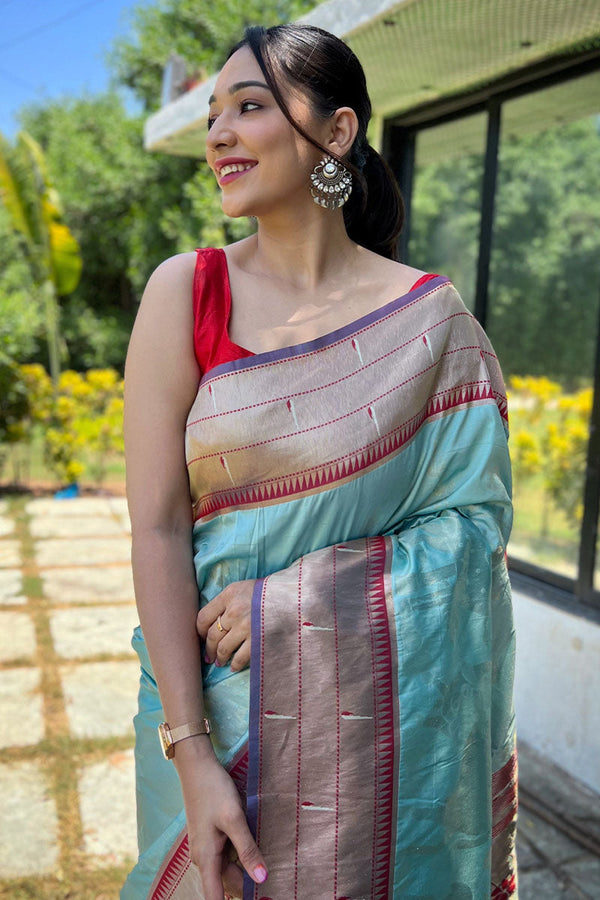 Light Sky Blue Zari Woven Paithani Silk Saree