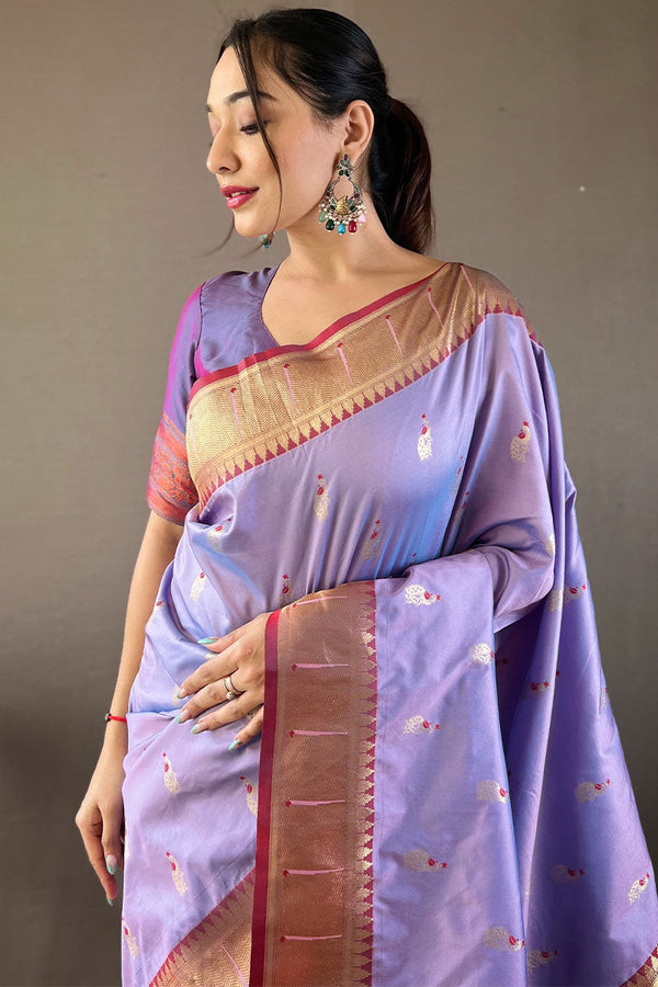 Lilac Lavender Zari Woven Paithani Silk Saree