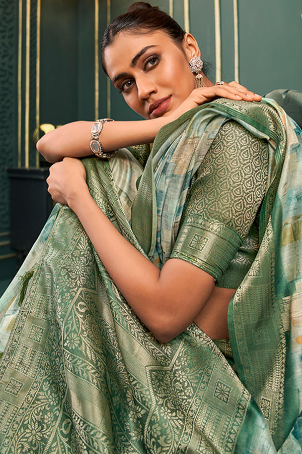 Lunar Green Printed Cotton Saree