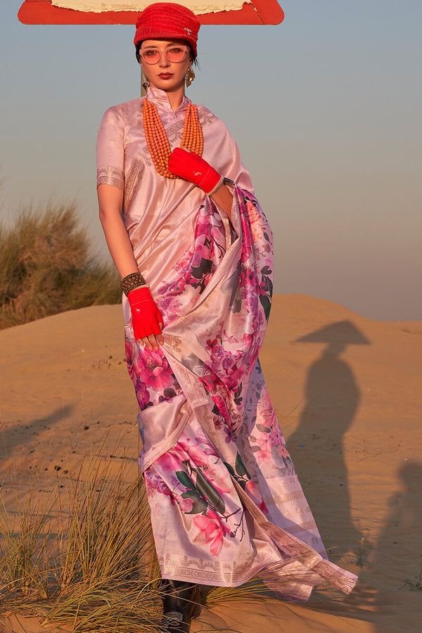 Mandys Pink Printed Tussar Silk Saree