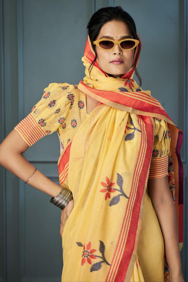 Marigold Yellow Soft Linen Silk Saree