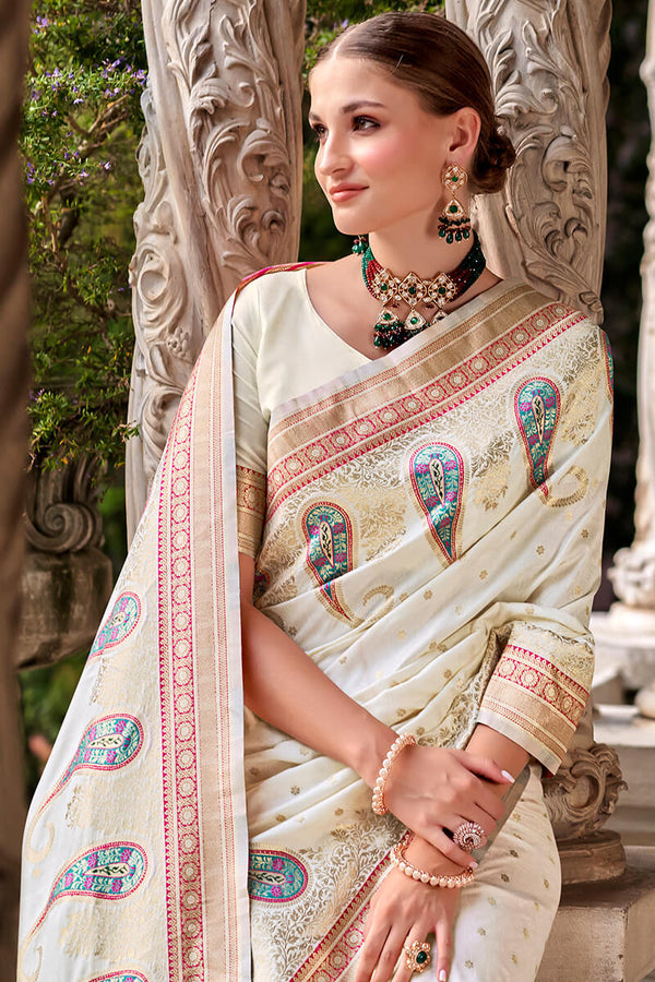 Mercury Beige Soft Banarasi Silk Saree