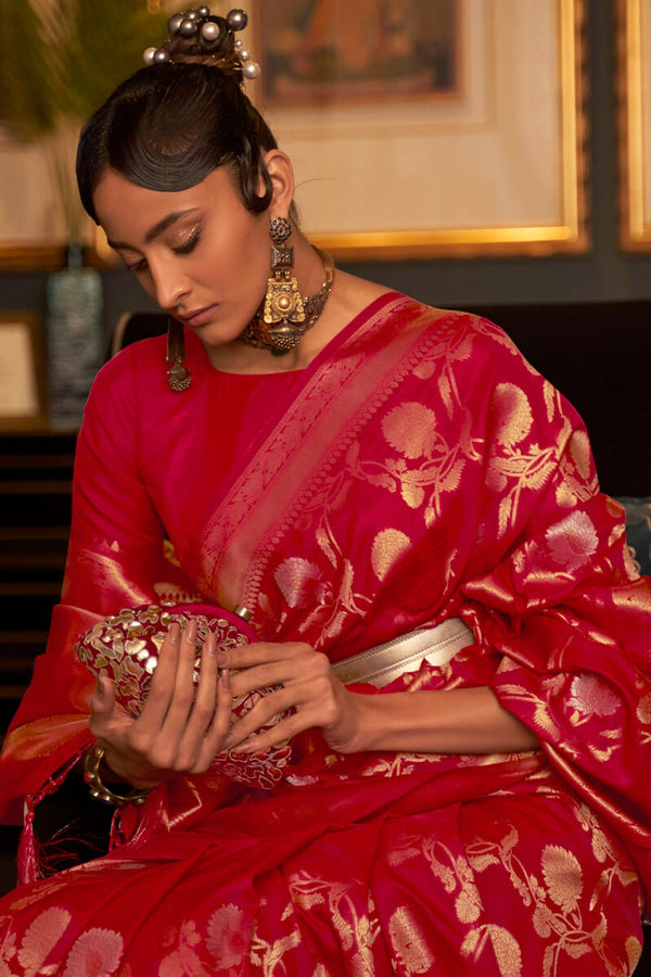 Mexican Red Zari Woven Banarasi Silk Saree