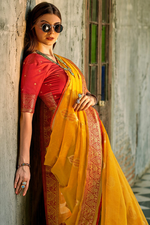 Mikado Yellow Zari woven Banarasi Tissue Silk Saree