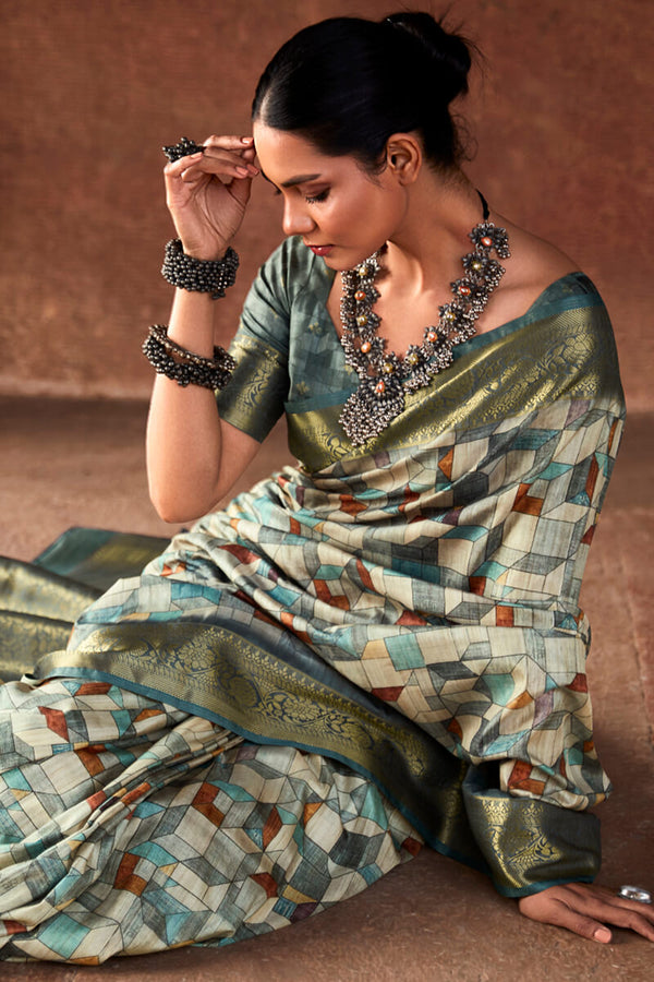 Mineral Green Digital Printed Soft Silk Saree