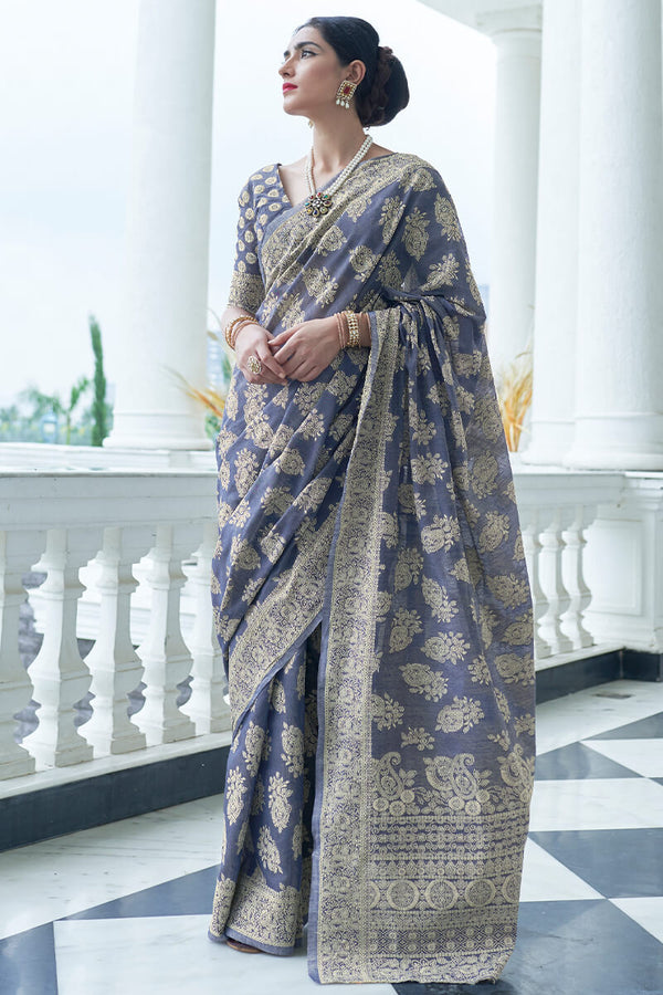 Mist Blue Lucknowi Chickankari Silk Saree