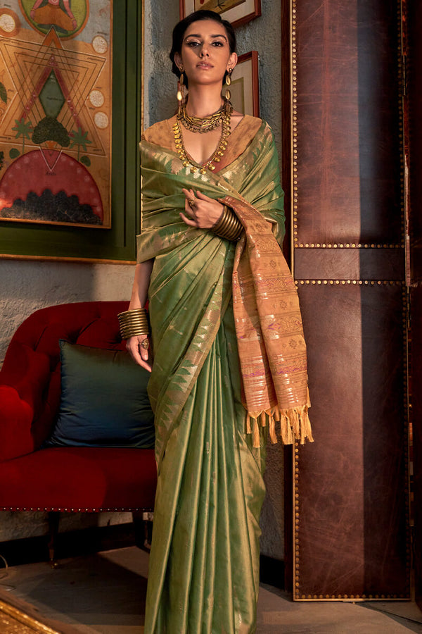 Muddy Green Handloom Banarasi Tussar Silk Saree