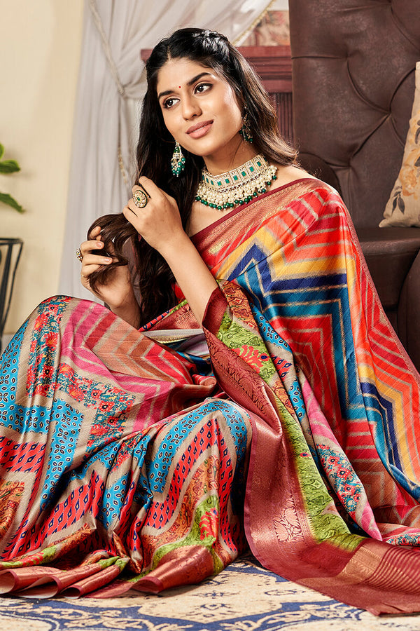 Multicolor Printed Pure Satin Silk Saree