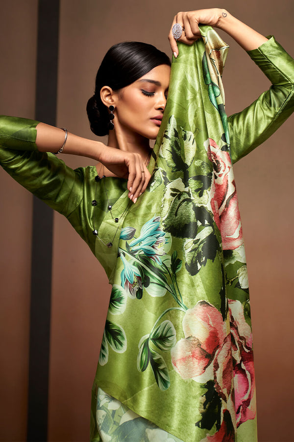 Murky Green Printed Satin Silk Saree