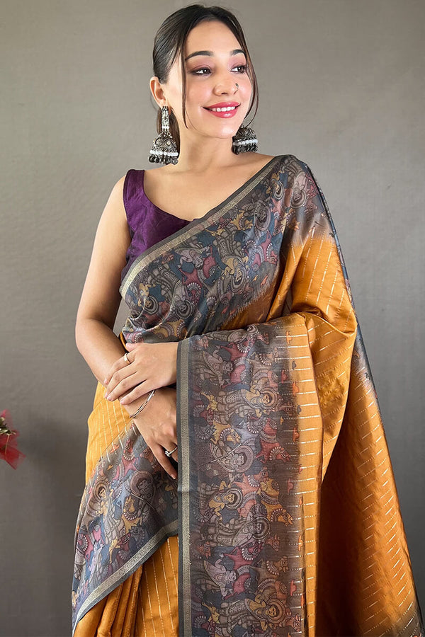 Mustard Brown Printed Chanderi silk saree