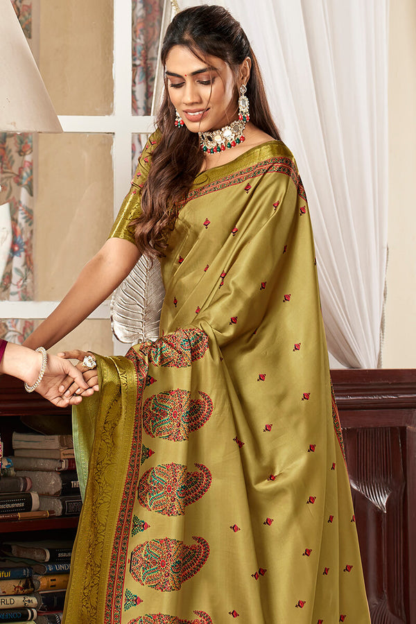 Mustard Green Printed Satin Silk Saree