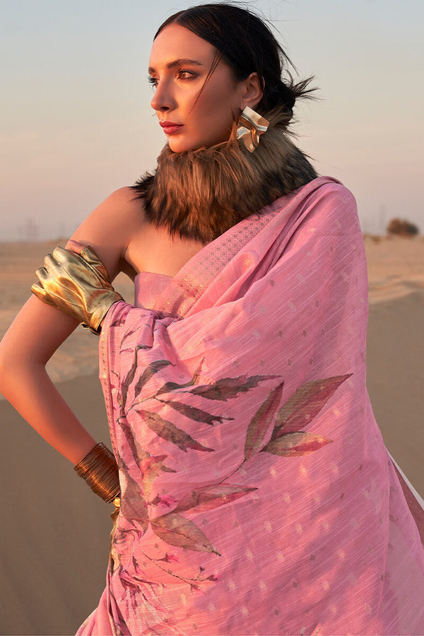 Muted Pink Printed Linen silk saree