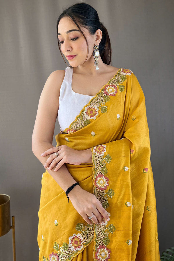 Naples Yellow Embroidered Work Tussar Silk Saree