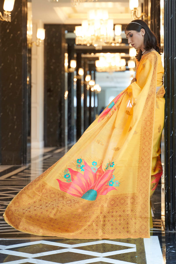 Naples Yellow Zari Woven Linen Silk Saree