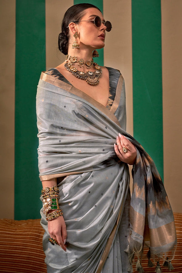 Natural Grey Woven Cotton Silk Saree