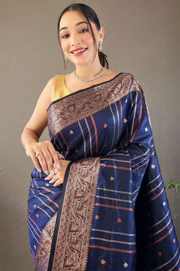 Navy Blue Soft Banarasi Silk Saree