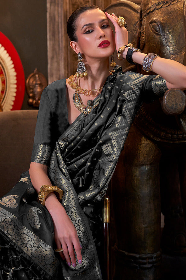 Night Black Banarasi Satin Silk Saree