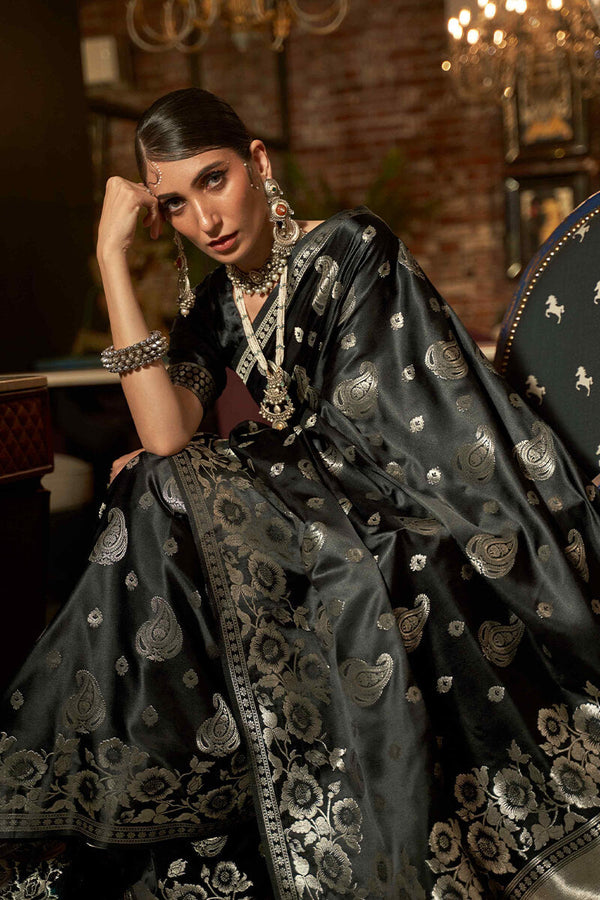 Night Black Zari Woven Satin Silk Saree