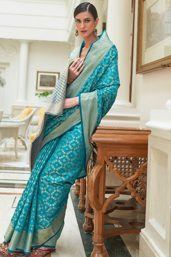 Ocean Blue Patola Silk Saree