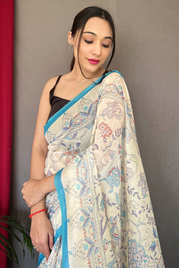 Off White and Blue Printed Cotton Silk Saree