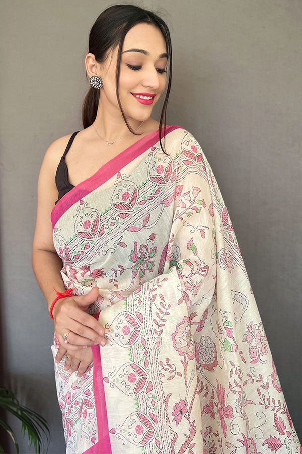 Off White and Pink Printed Cotton Silk Saree