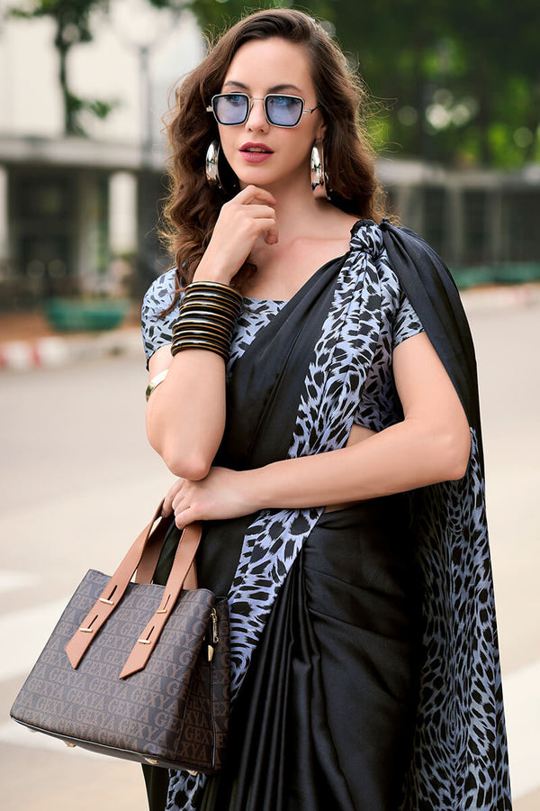 Oil Black Printed Satin Crape Silk Saree