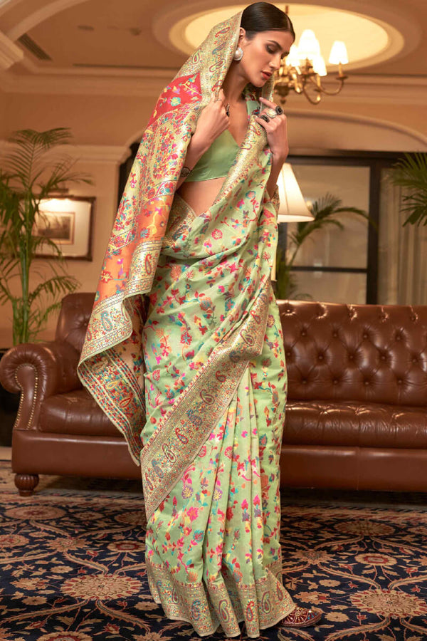 Olive Green Pashmina Silk Saree