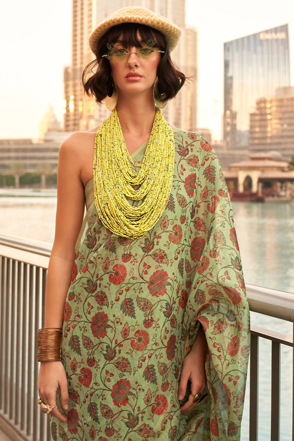 Olive Green Printed Tissue Silk Saree