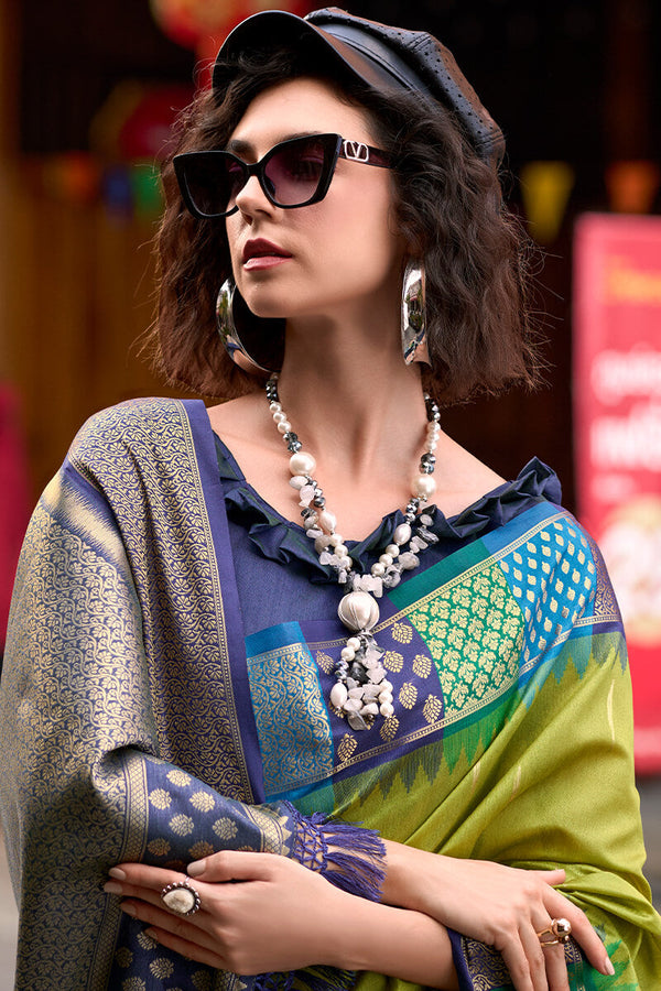 Olive Green Woven Soft Banarasi Silk Saree