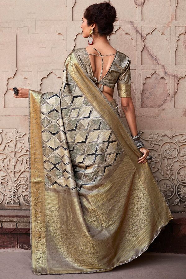 Olive Grey Digital Printed Soft Silk Saree