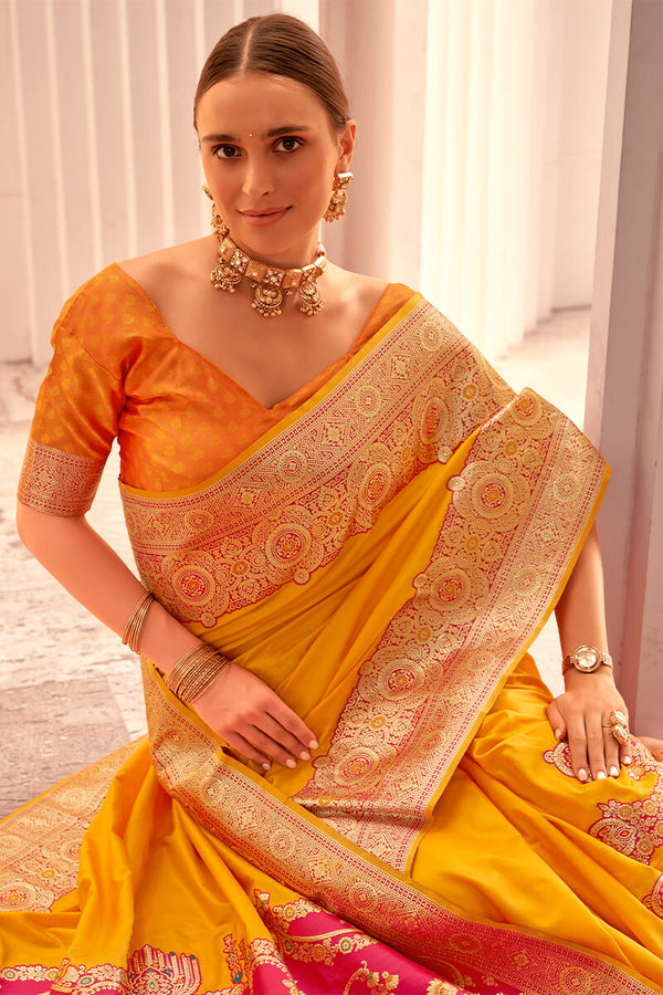 Orangey Yellow Zari Woven Soft Banarasi Silk Saree