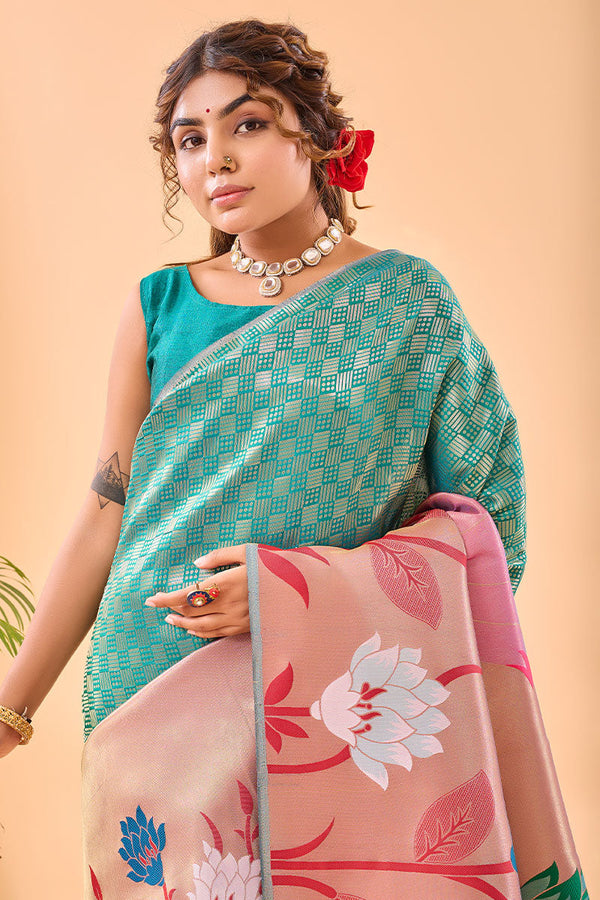 Pacific Blue Paithani Silk Saree