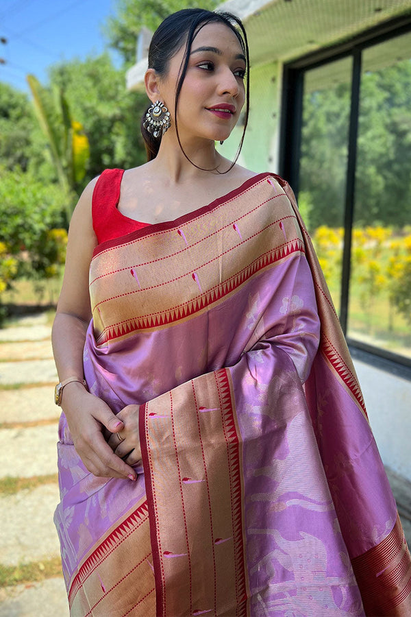 Pale Lavender Zari Woven Paithani Silk Saree