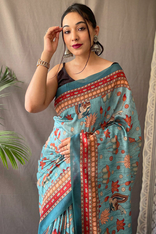 Pale Sky Blue Kalamkari Printed Cotton Silk Saree