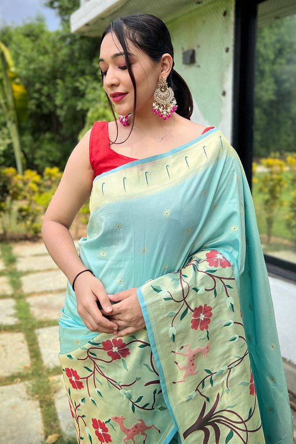 Pale Sky Blue Zari Woven Paithani Silk Saree