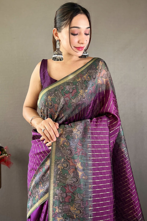 Pansy Purple Printed Chanderi silk saree