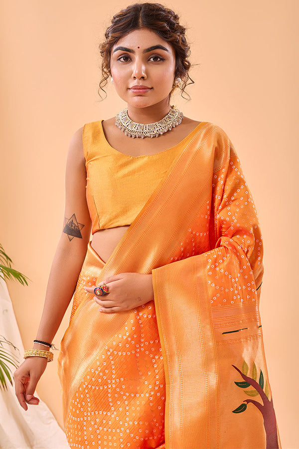 Papaya Orange Zari Woven Paithani Silk Saree