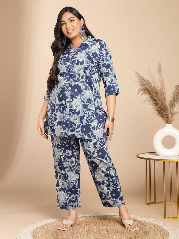 Plus Size Indigo Cotton Floral A-Line Co-ord Set