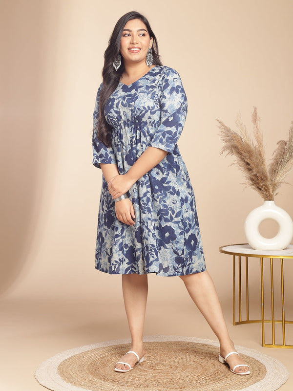 Plus Size Indigo Cotton Floral Gathered Dress