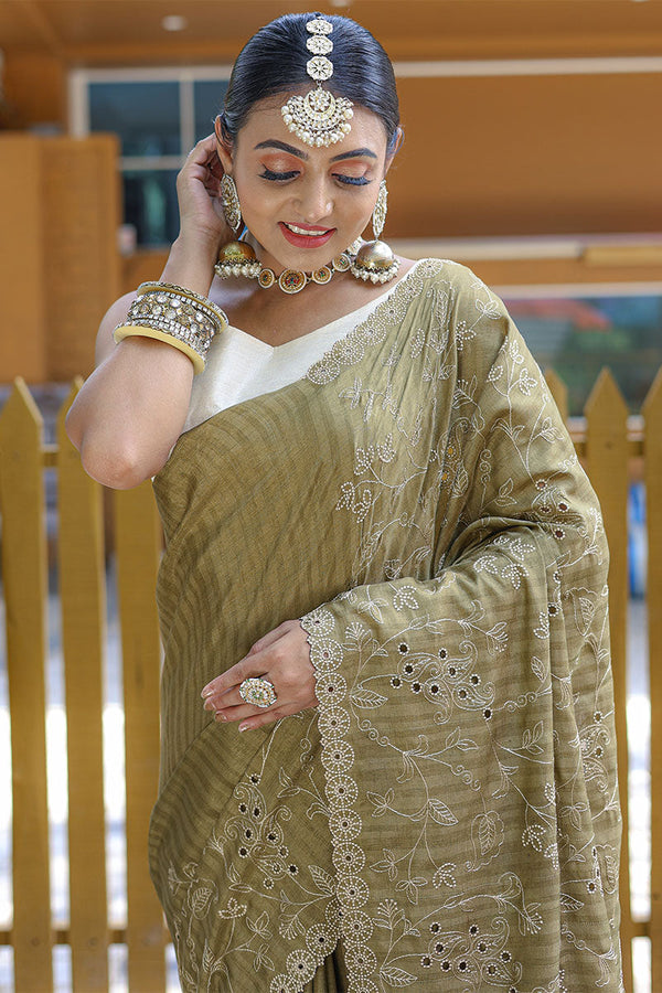 Pastel Brown Embroidered Work Soft Silk Saree