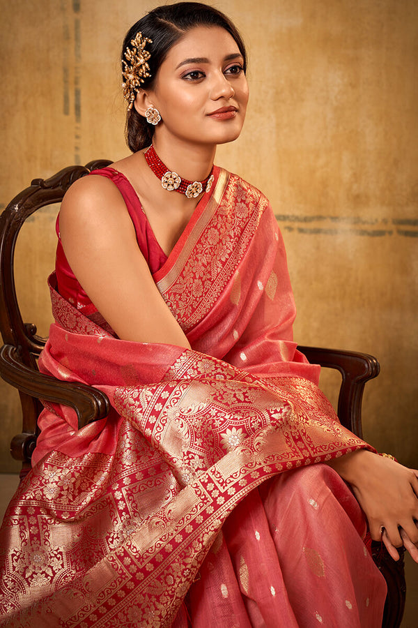 Pastel Red Banarasi Silk Saree