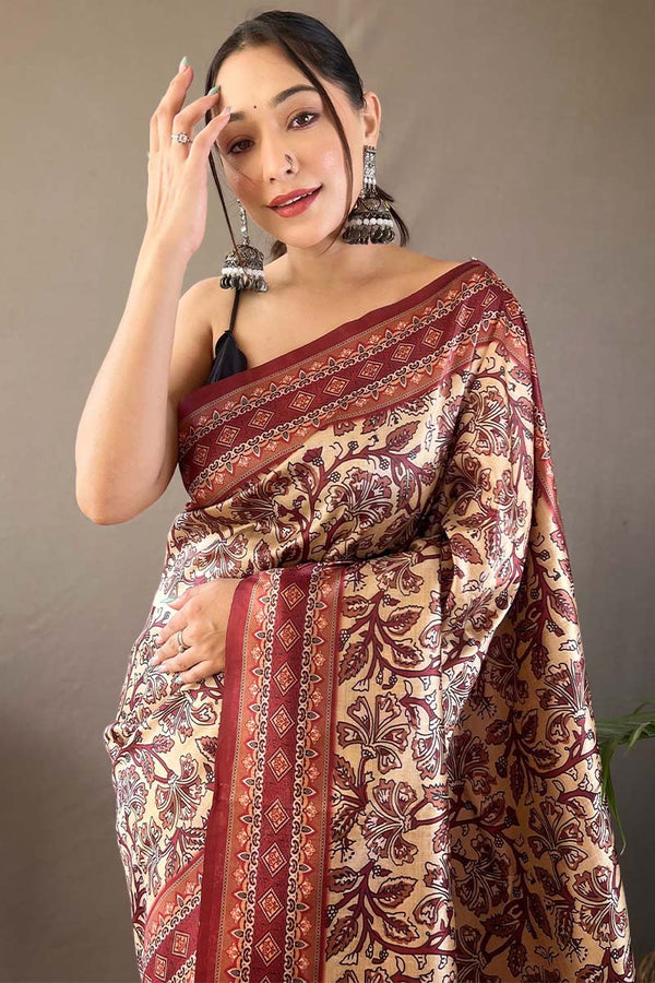 Pavlova Beige Printed Soft Silk Saree