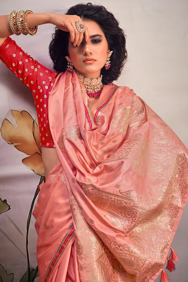 Peachy Pink Banarasi Satin Silk Saree