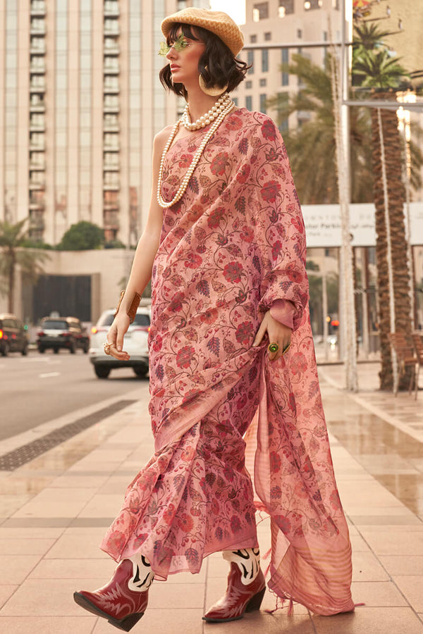 Peachy Pink Printed Tissue Silk Saree