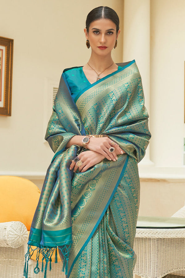 Peacock Blue Zari Woven and Sequence Work Kanjivaram Silk Saree