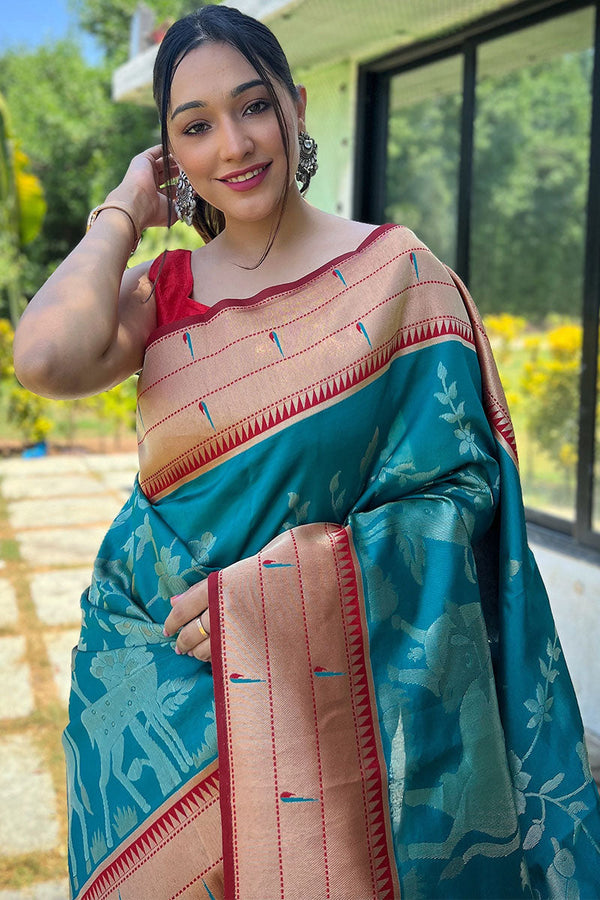 Peacock Blue Zari Woven Paithani Silk Saree