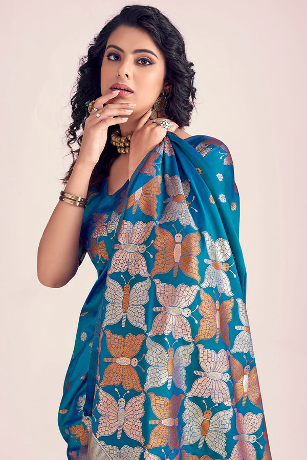 Peacock Blue Zari Woven Soft Banarasi Silk Saree